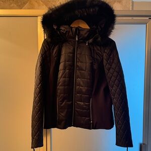 White House Black Market Black Quilted Ski Jacket with Fur Hood
